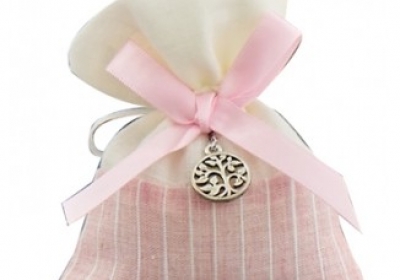 sacchetto righe rosa con ciondolino albero